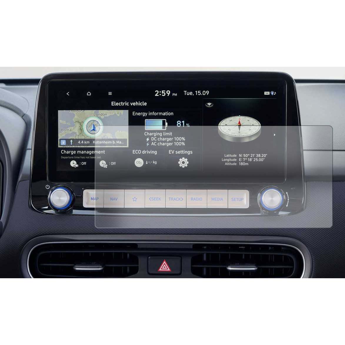 Hyundai Kona Elektro Displayschutz-Folie passgenau für den Hyundai Kona EV